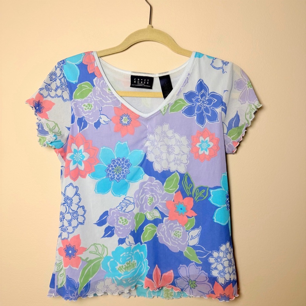 VTG Crazy Horse Colorful Mesh Top Floral Y2K Short Sleeve Blouse Size M 90s